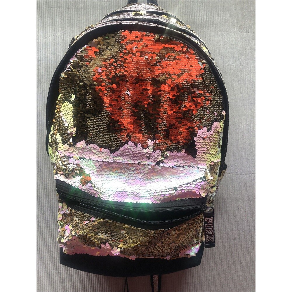Victoria Secret Pink Reversible Sequin Book Bag Pink Black Gold Multiple Compart